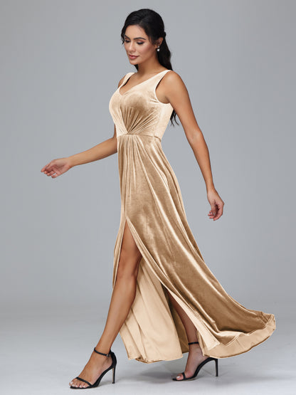 V Neck A Line Plus Size Velvet Bridesmaid Dress With Slit