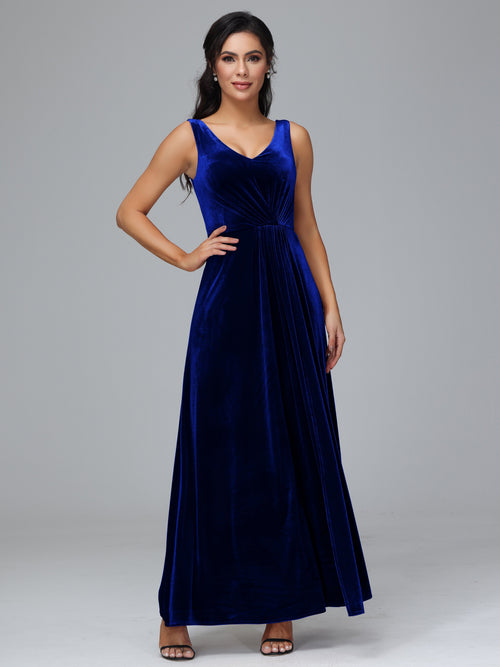 V Neck A Line Plus Size Velvet Bridesmaid Dress With Slit