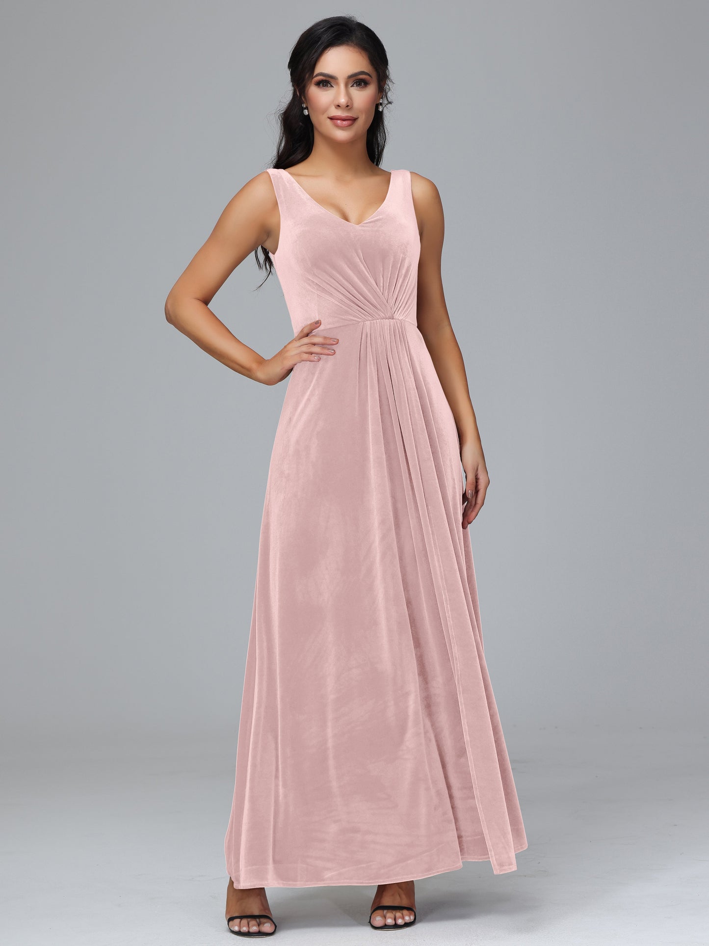 V Neck A Line Plus Size Velvet Bridesmaid Dress With Slit