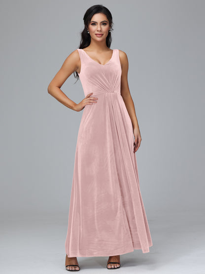 V Neck A Line Plus Size Velvet Bridesmaid Dress With Slit