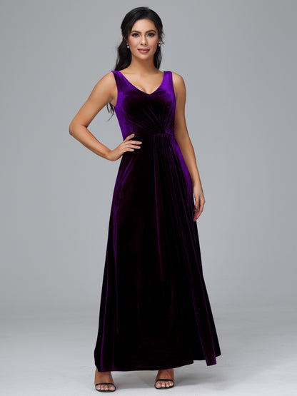 V Neck A Line Plus Size Velvet Bridesmaid Dress With Slit