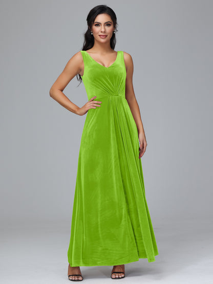 V Neck A Line Plus Size Velvet Bridesmaid Dress With Slit