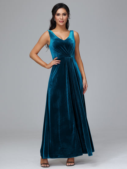 V Neck A Line Plus Size Velvet Bridesmaid Dress With Slit