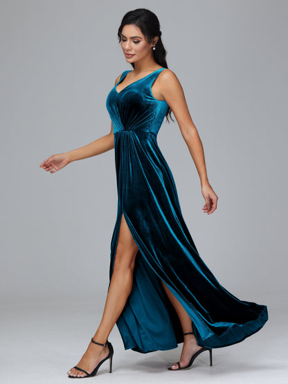 V Neck A Line Plus Size Velvet Bridesmaid Dress With Slit