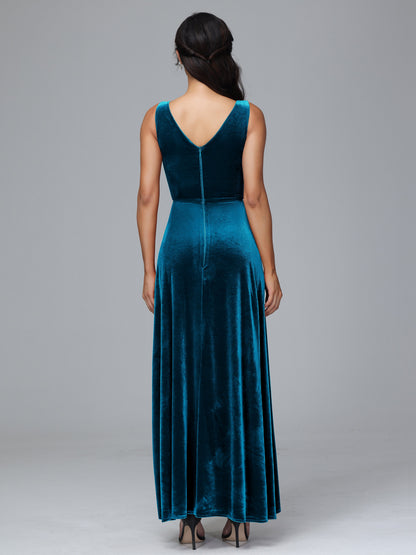 V Neck A Line Plus Size Velvet Bridesmaid Dress With Slit