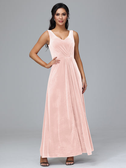 V Neck A Line Plus Size Velvet Bridesmaid Dress With Slit