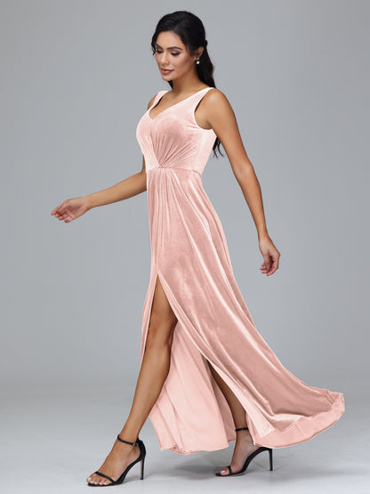 V Neck A Line Plus Size Velvet Bridesmaid Dress With Slit