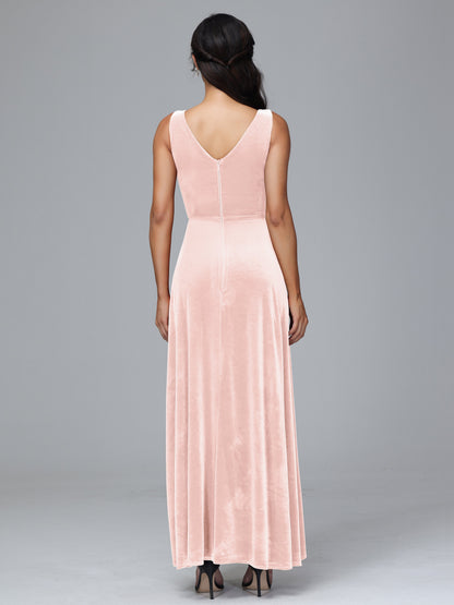 V Neck A Line Plus Size Velvet Bridesmaid Dress With Slit