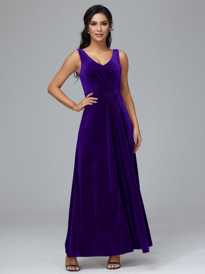 V Neck A Line Plus Size Velvet Bridesmaid Dress With Slit