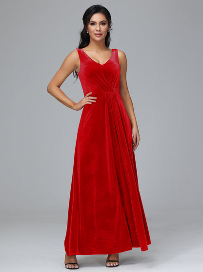 V Neck A Line Plus Size Velvet Bridesmaid Dress With Slit