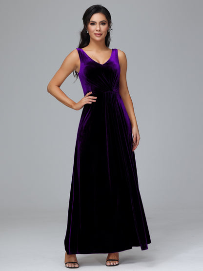 V Neck A Line Plus Size Velvet Bridesmaid Dress With Slit