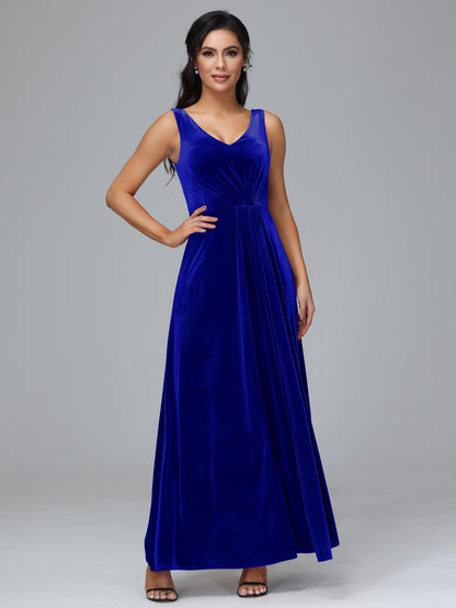 V Neck A Line Plus Size Velvet Bridesmaid Dress With Slit
