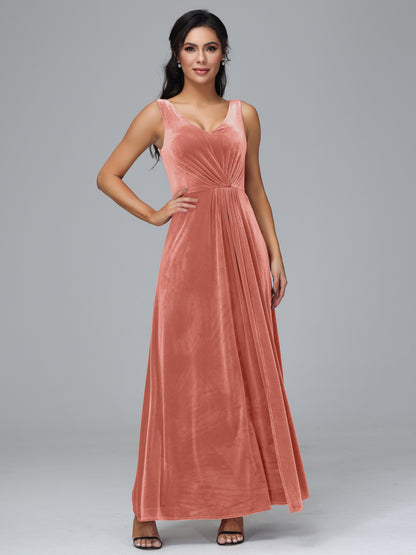 V Neck A Line Plus Size Velvet Bridesmaid Dress With Slit