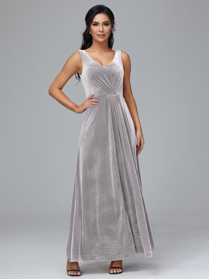 V Neck A Line Plus Size Velvet Bridesmaid Dress With Slit