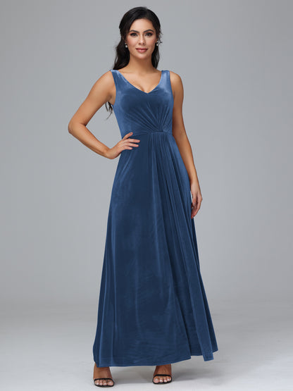 V Neck A Line Plus Size Velvet Bridesmaid Dress With Slit