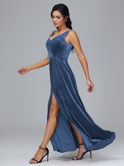 V Neck A Line Plus Size Velvet Bridesmaid Dress With Slit