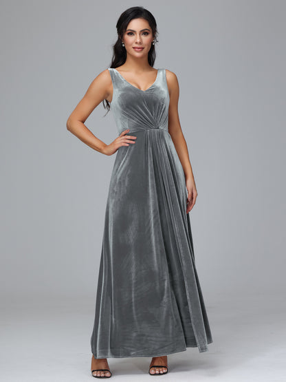 V Neck A Line Plus Size Velvet Bridesmaid Dress With Slit