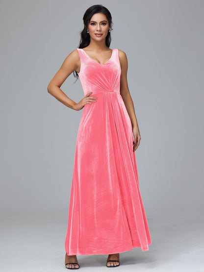 V Neck A Line Plus Size Velvet Bridesmaid Dress With Slit