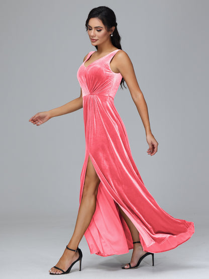 V Neck A Line Plus Size Velvet Bridesmaid Dress With Slit
