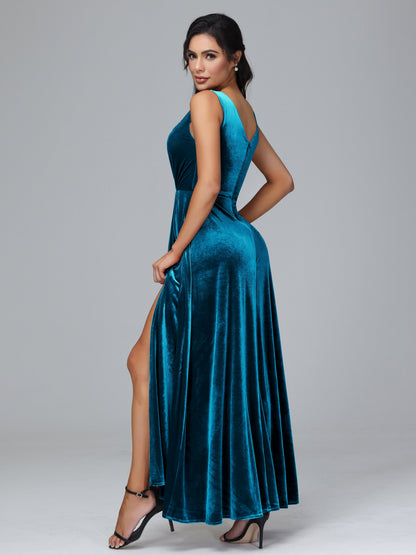 V Neck A Line Plus Size Velvet Bridesmaid Dress With Slit