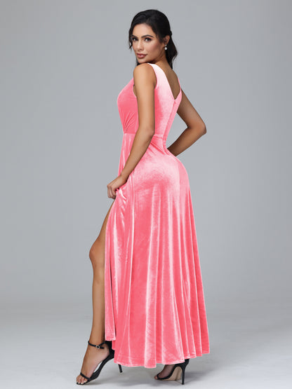 V Neck A Line Plus Size Velvet Bridesmaid Dress With Slit