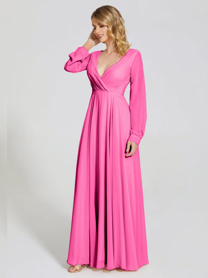 Cicinia Raegan V Neck Chiffon Bridesmaid Dress With Sleeves