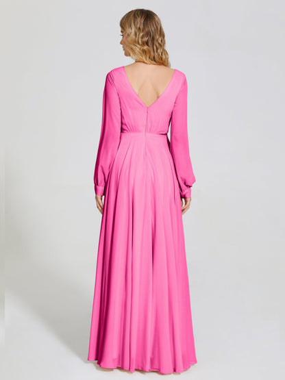Cicinia Raegan V Neck Chiffon Bridesmaid Dress With Sleeves