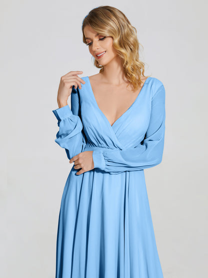 Cicinia Raegan V Neck Chiffon Bridesmaid Dress With Sleeves