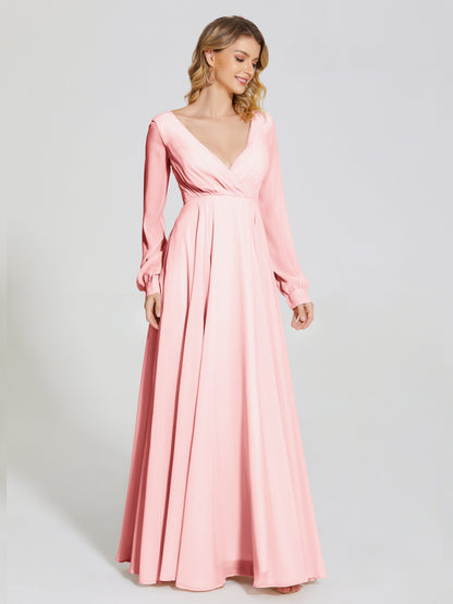 Cicinia Raegan V Neck Chiffon Bridesmaid Dress With Sleeves