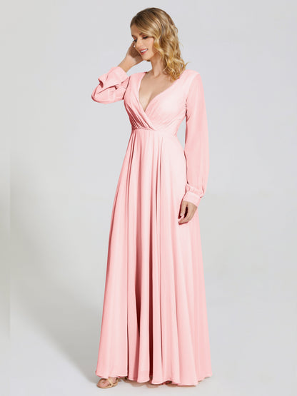 Cicinia Raegan V Neck Chiffon Bridesmaid Dress With Sleeves