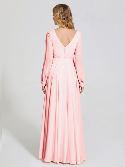Cicinia Raegan V Neck Chiffon Bridesmaid Dress With Sleeves