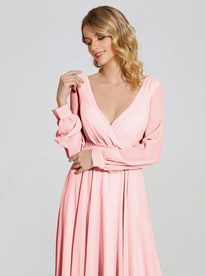 Cicinia Raegan V Neck Chiffon Bridesmaid Dress With Sleeves