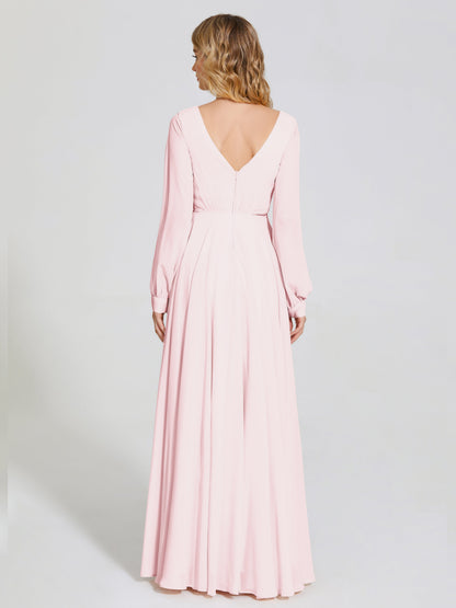 Cicinia Raegan V Neck Chiffon Bridesmaid Dress With Sleeves