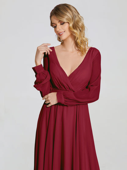 Cicinia Raegan V Neck Chiffon Bridesmaid Dress With Sleeves