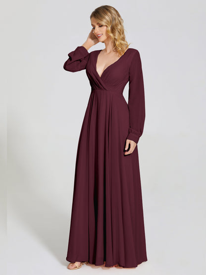 Cicinia Raegan V Neck Chiffon Bridesmaid Dress With Sleeves