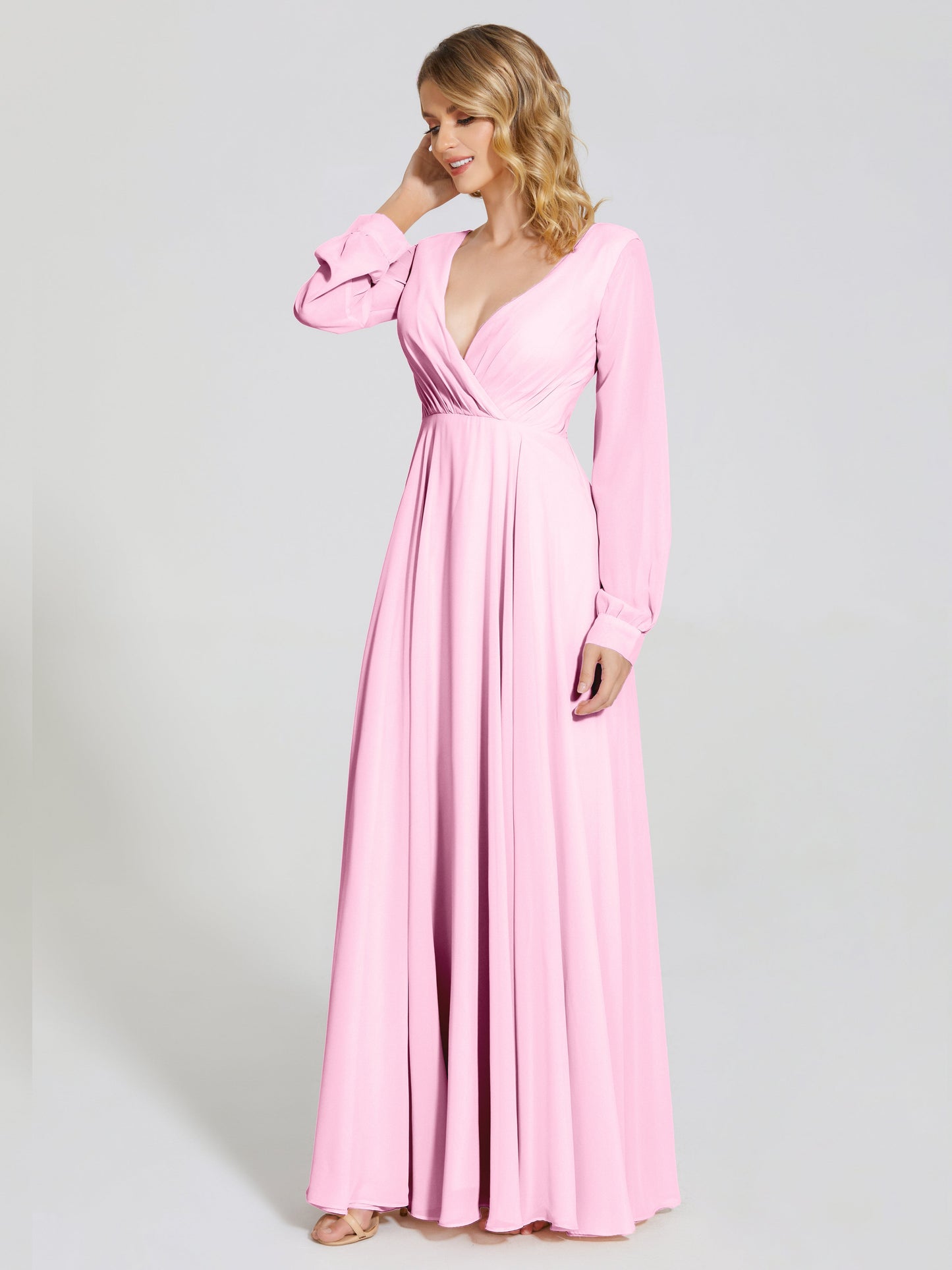 Cicinia Raegan V Neck Chiffon Bridesmaid Dress With Sleeves
