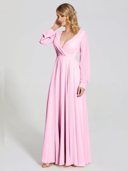 Cicinia Raegan V Neck Chiffon Bridesmaid Dress With Sleeves