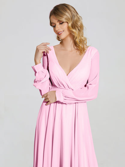 Cicinia Raegan V Neck Chiffon Bridesmaid Dress With Sleeves