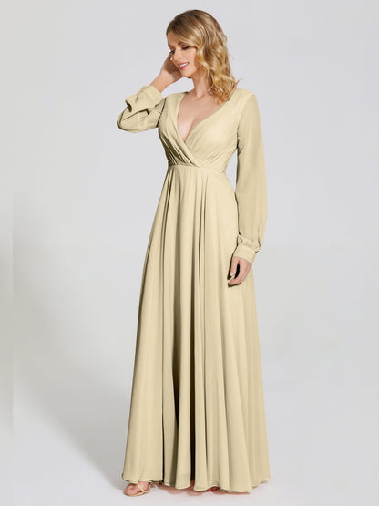 Cicinia Raegan V Neck Chiffon Bridesmaid Dress With Sleeves