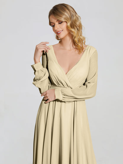 Cicinia Raegan V Neck Chiffon Bridesmaid Dress With Sleeves