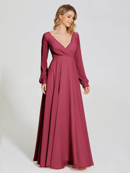 Cicinia Raegan V Neck Chiffon Bridesmaid Dress With Sleeves
