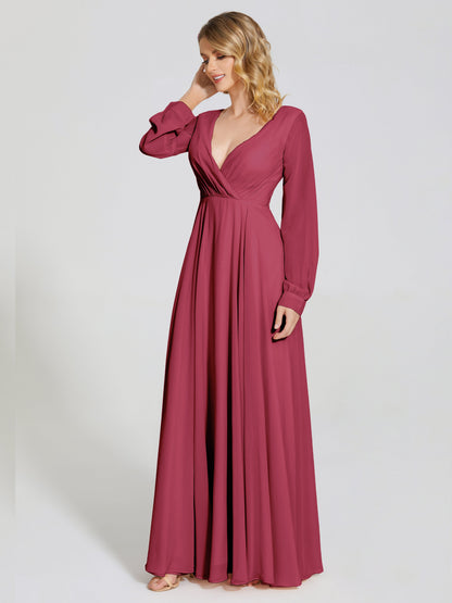 Cicinia Raegan V Neck Chiffon Bridesmaid Dress With Sleeves