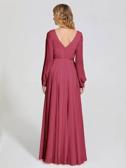 Cicinia Raegan V Neck Chiffon Bridesmaid Dress With Sleeves