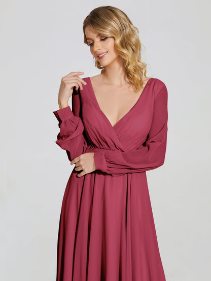 Cicinia Raegan V Neck Chiffon Bridesmaid Dress With Sleeves