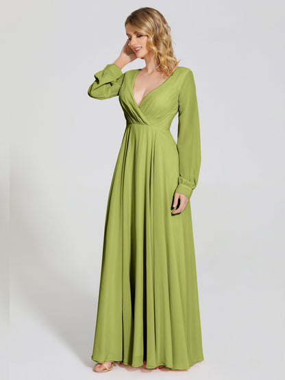 Cicinia Raegan V Neck Chiffon Bridesmaid Dress With Sleeves