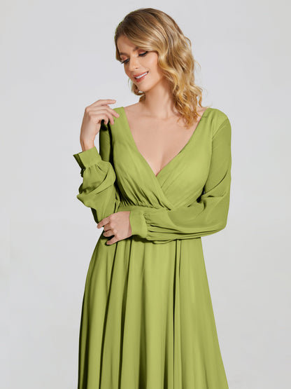 Cicinia Raegan V Neck Chiffon Bridesmaid Dress With Sleeves