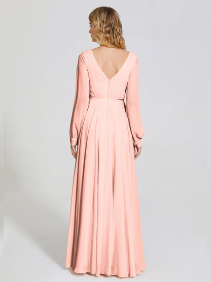 Cicinia Raegan V Neck Chiffon Bridesmaid Dress With Sleeves
