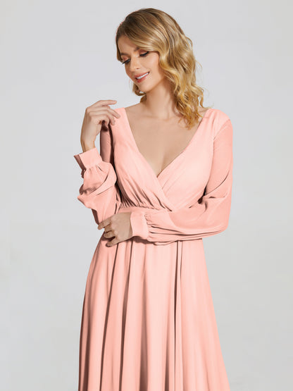 Cicinia Raegan V Neck Chiffon Bridesmaid Dress With Sleeves