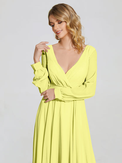 Cicinia Raegan V Neck Chiffon Bridesmaid Dress With Sleeves