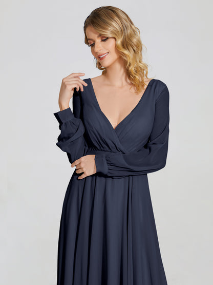 Cicinia Raegan V Neck Chiffon Bridesmaid Dress With Sleeves